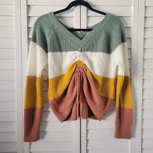 Full Circle Trends Sage Mustard Rust Stripe Knit Sweater L Adjustable Tie Fall